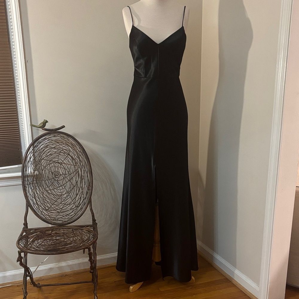 Jenny Yoo Black Satin Crepe Dina Slip Maxi Dress with Front Slit 4